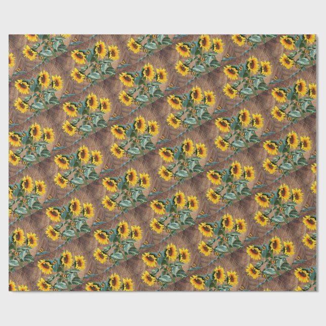 Papel De Regalo Girasoles Mariposas Tablero de Granero Rústico (Superficie plana)