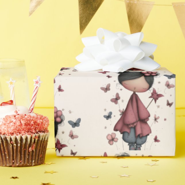 Papel De Regalo Girl with Magic Wand and Butterflies Pattern (Fiesta de cumpleaños )
