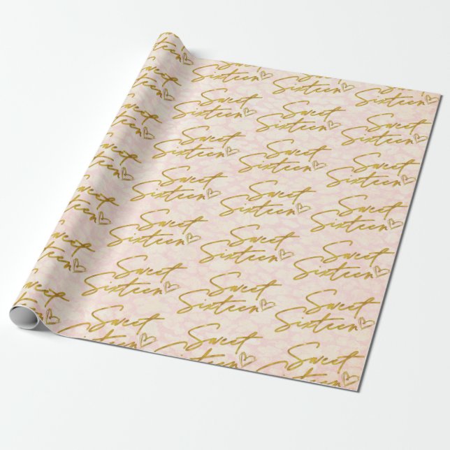 Papel De Regalo Girly Gold Sweet 16 en Rubor Pink (Desenrollado)
