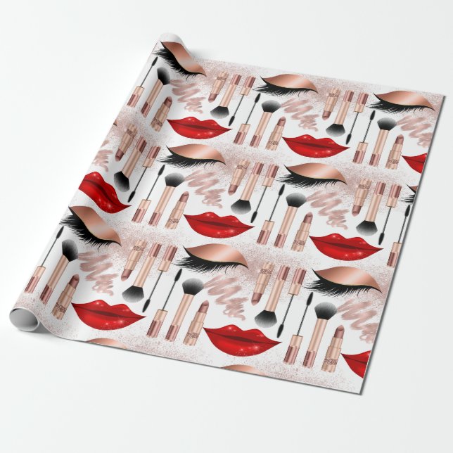 Papel De Regalo Girly Makeup Lips Ojos Patrón Rosa Oro (Desenrollado)