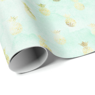 Papel De Regalo Girly Mint Glam Gold Pineapples Tropicales
