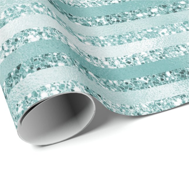 Papel De Regalo Girly Mint Purpurina Glam Stripes (Esquina del rollo)