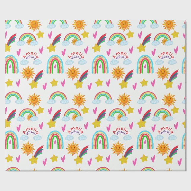 Papel De Regalo Girly Rainbow Sun Star Name Pattern for Kids (Superficie plana)