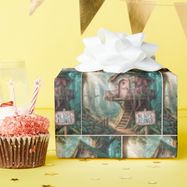 Papel De Regalo Girly Treehouse con un Rótulo divertido en un bosq (Fiesta de cumpleaños )