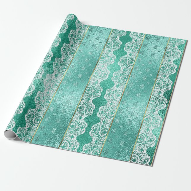 Papel De Regalo Glam Aqua Mint Green Golden Relieve metalizado Whi (Desenrollado)