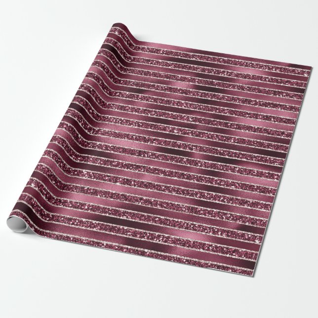 Papel De Regalo Glam Burgundy Red Rose Rubor Purpurinas Stripes (Desenrollado)