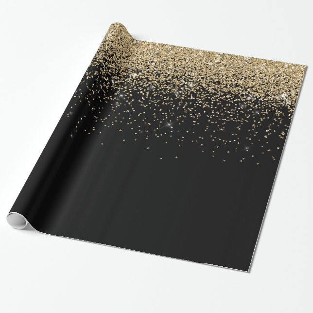 Papel De Regalo Glam Cascades de fondo negro Purpurina de oro (Desenrollado)