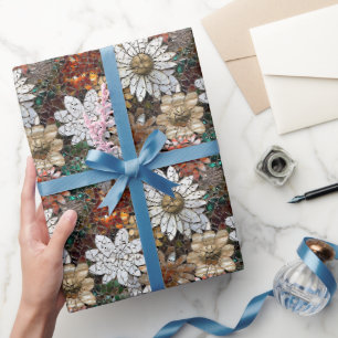 Papel De Regalo Glam Champagne Flores blancas rojas de oro