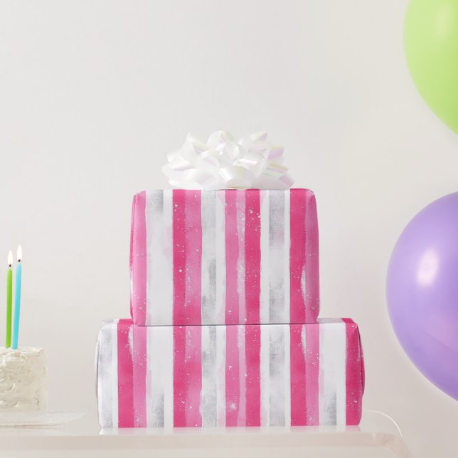Papel De Regalo Glam de Plata Rosa Abstract Stripes Cumpleaños (Regalos de fiesta)