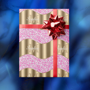 Papel De Regalo Glam Diamonds Fuchsia, Monograma Dorado, Nombre en