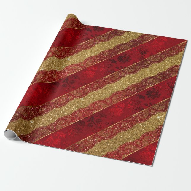 Papel De Regalo Glam Golden Purpurina Red Shiny Lace Vip (Desenrollado)