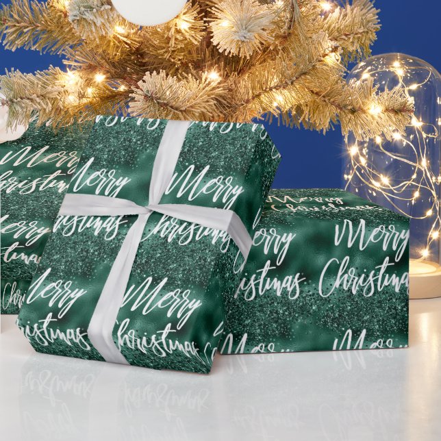 Papel De Regalo Glam Green Foil Glitter Merry Christmas Script (Vacaciones)