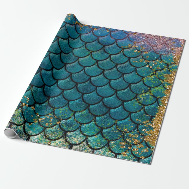 Papel De Regalo Glam Mermaid Fish Scales Verde azulado Purple Gold (Desenrollado)