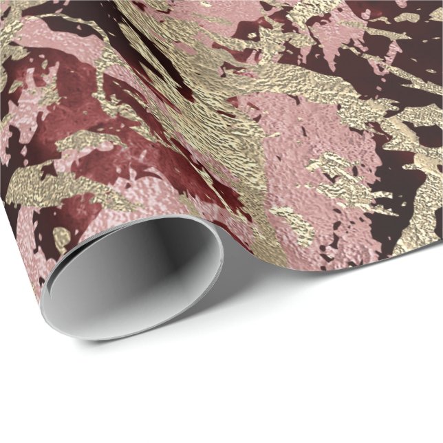 Papel De Regalo Glam Molten Gold Rosa Burgundy Marble brillante ur (Esquina del rollo)
