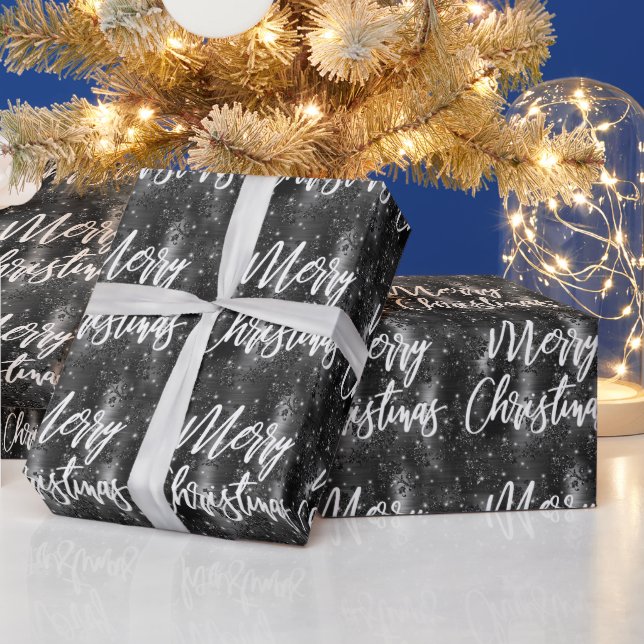 Papel De Regalo Glam Negro Floral Brillo Script Merry Christmas (Vacaciones)