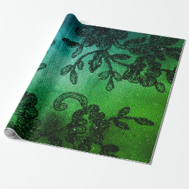 Papel De Regalo Glam Negro Floral Lace Tropical Verde Acuático