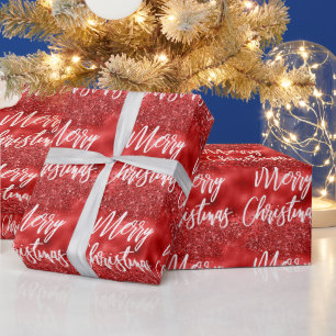 Papel De Regalo Glam Red Foil Glitter Merry Christmas Caligrafía