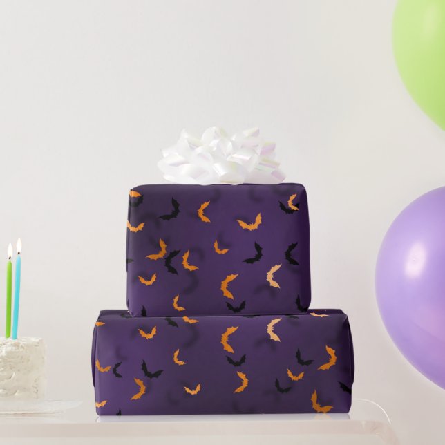 Papel De Regalo Glamoroso morado y Naranja murciélagos Halloween B (Regalos de fiesta)