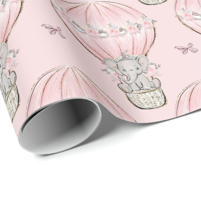 Papel De Regalo Globo aerostático de elefante princesa rosa (Esquina del rollo)