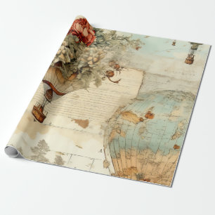 Papel De Regalo Globo aerostático de peonía vintage Mapa antiguo