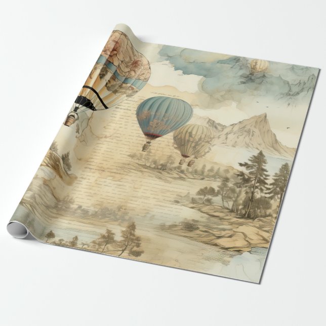Papel De Regalo Globo de aire caliente de época en un paisaje sere (Desenrollado)