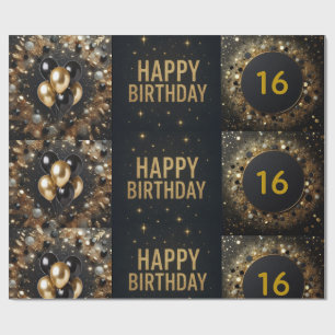 Papel De Regalo Globo de Cumpleaños con Brillo Dorado y Negro
