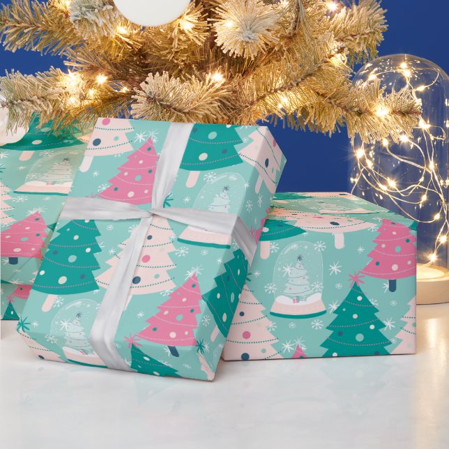 Papel De Regalo Globo De Nieve Rosa Y Verde Navidad (Vacaciones)