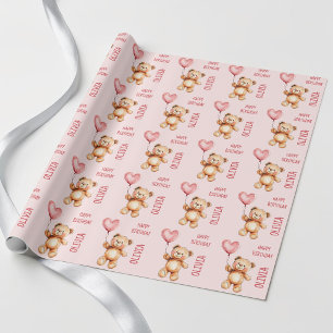 Papel De Regalo Globo Rosa Lindo Osito de Peluche Feliz Cumpleaños