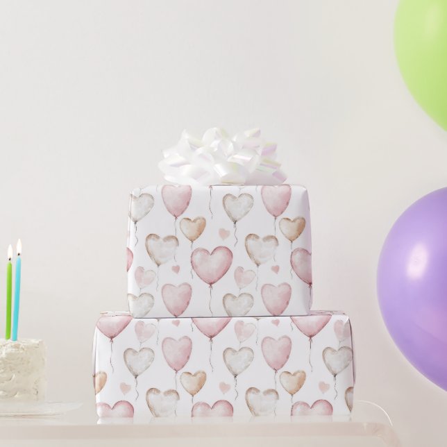 Papel De Regalo Globos Blancos y Rosados Cumpleaños (Regalos de fiesta)