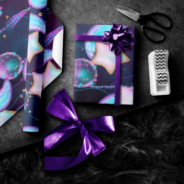 Papel De Regalo Globos cósmicos | Planetas Blue Purple Moon Stars (Subido por el creador)