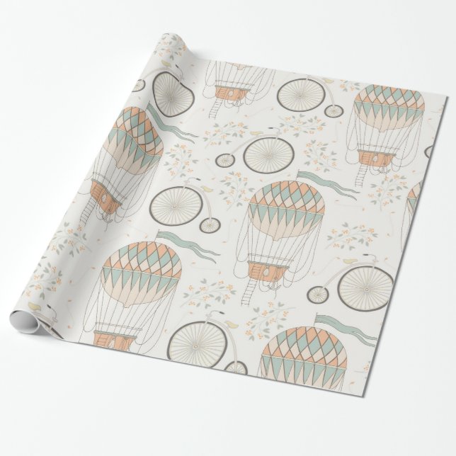 Papel De Regalo Globos de aire caliente antiguos y bicicletas (Desenrollado)