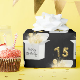 Papel De Regalo Globos de cumpleaños 75 dorados en caja blanca