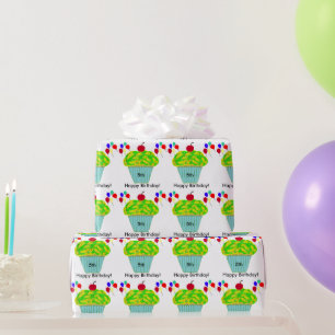 Papel De Regalo Globos de Cumpleaños Amarillo Cupcake Verde