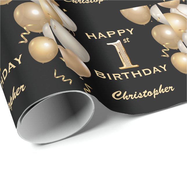 Papel De Regalo Globos de cumpleaños con brillo negro y dorado par (Esquina del rollo)
