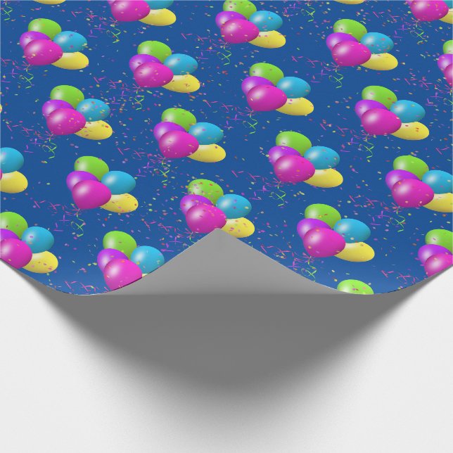 Papel De Regalo Globos de cumpleaños con confeti sobre azul (Esquina)