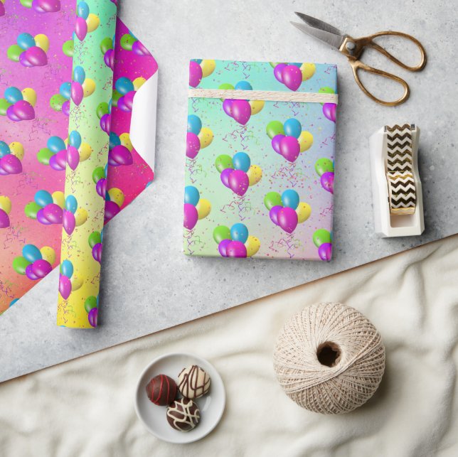 Papel De Regalo Globos de cumpleaños con confetti en arcoiris (Artesanía)
