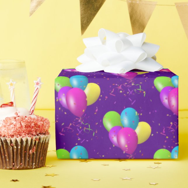 Papel De Regalo Globos de cumpleaños con confetti en morado (Fiesta de cumpleaños )
