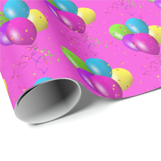 Papel De Regalo Globos de cumpleaños con confetti en rosa (Esquina del rollo)