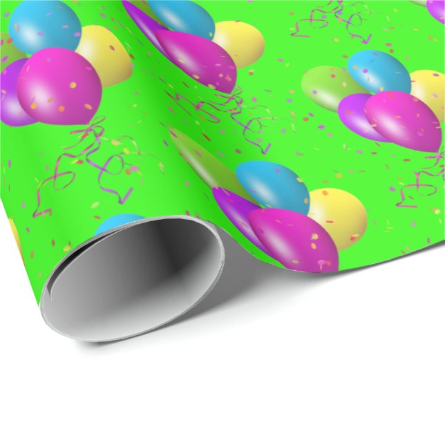 Papel De Regalo Globos de cumpleaños con confetti en verde (Esquina del rollo)