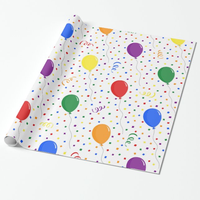 Papel De Regalo Globos de cumpleaños confeti arcoiris (Desenrollado)