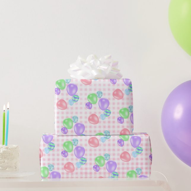 Papel De Regalo Globos De Cumpleaños En Pink Gingham (Regalos de fiesta)