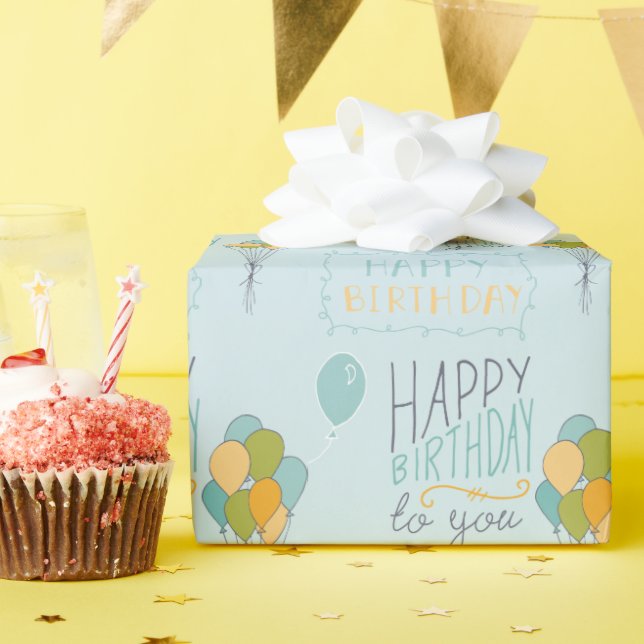 Papel De Regalo Globos de cumpleaños felices de azul verde amarill (Fiesta de cumpleaños )