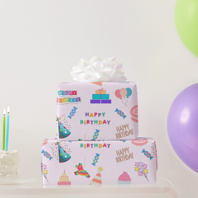 Papel De Regalo Globos de cumpleaños felices, pasteles, dulces (Regalos de fiesta)