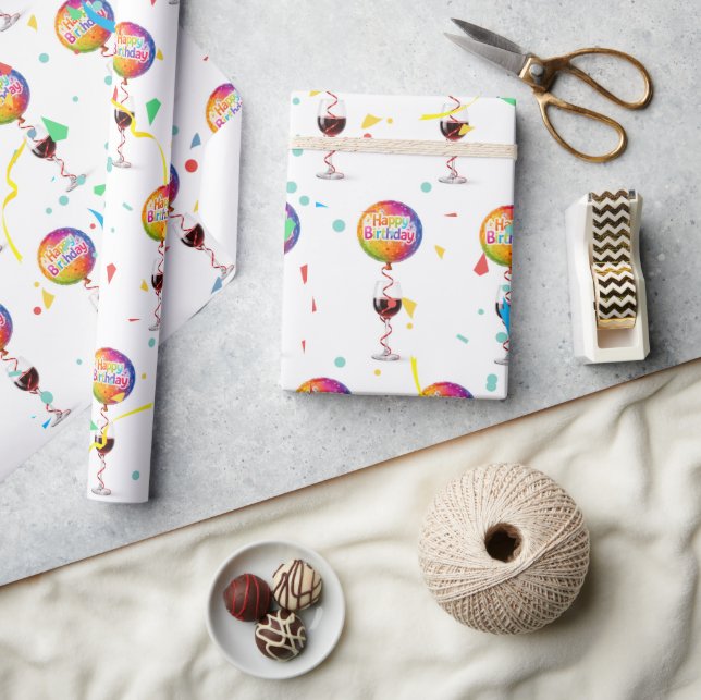 Papel De Regalo Globos de Feliz Cumpleaños Con Vino Tinto (Artesanía)