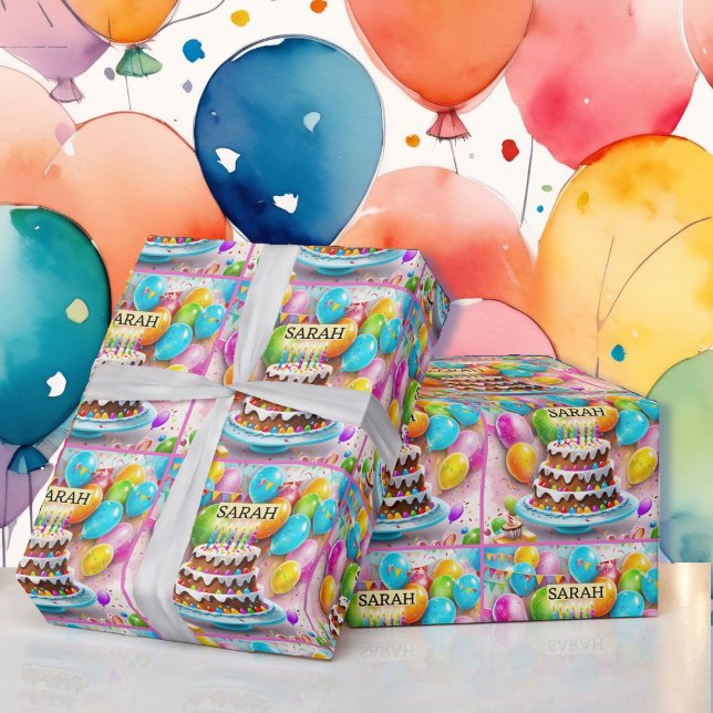 Papel De Regalo Globos de pastel de cumpleaños añaden el nombre de (Subido por el creador)