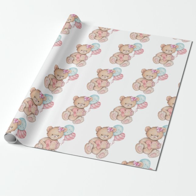 Papel De Regalo Globos rosados y azules y niñas de oseo de peluche (Desenrollado)