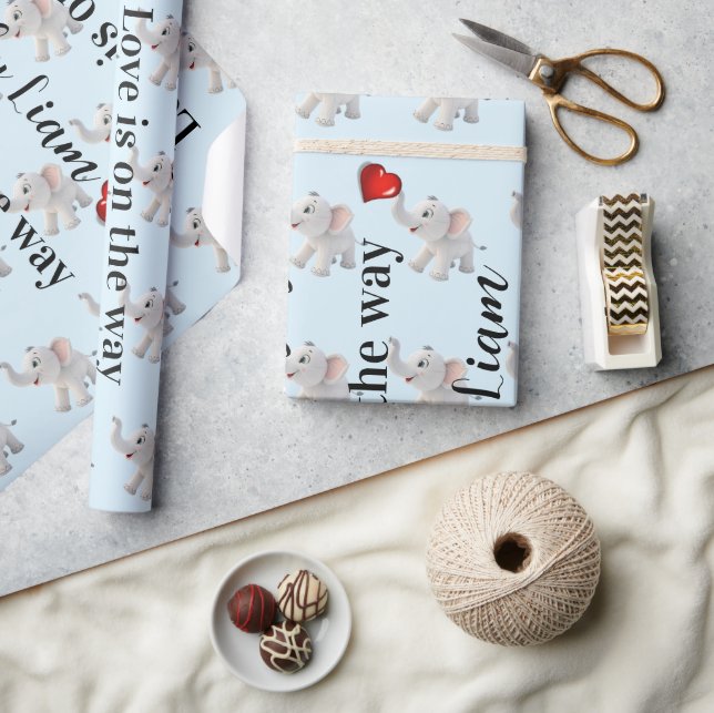 Papel De Regalo Glossy Wrapping Paper Blue Elephant Red Hearts  (Artesanía)