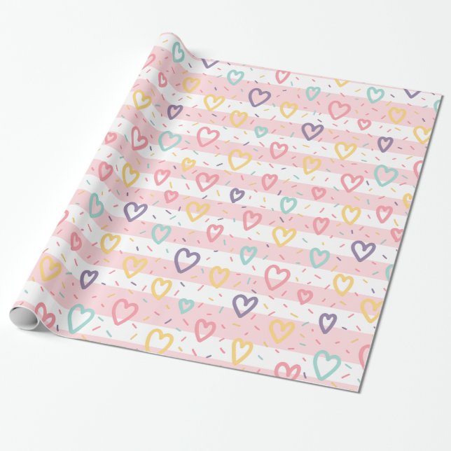 Papel De Regalo Glossy Wrapping Paper Pink & White Stripe Hearts (Desenrollado)