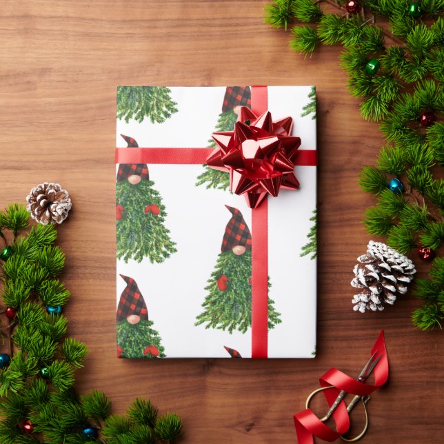 Papel De Regalo Gnome Christmas Tree Buffalo Check Cute Holiday (Regalo de vacaciones)