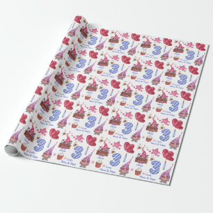 Papel De Regalo Gnome de Chica azul rosado de tres años
